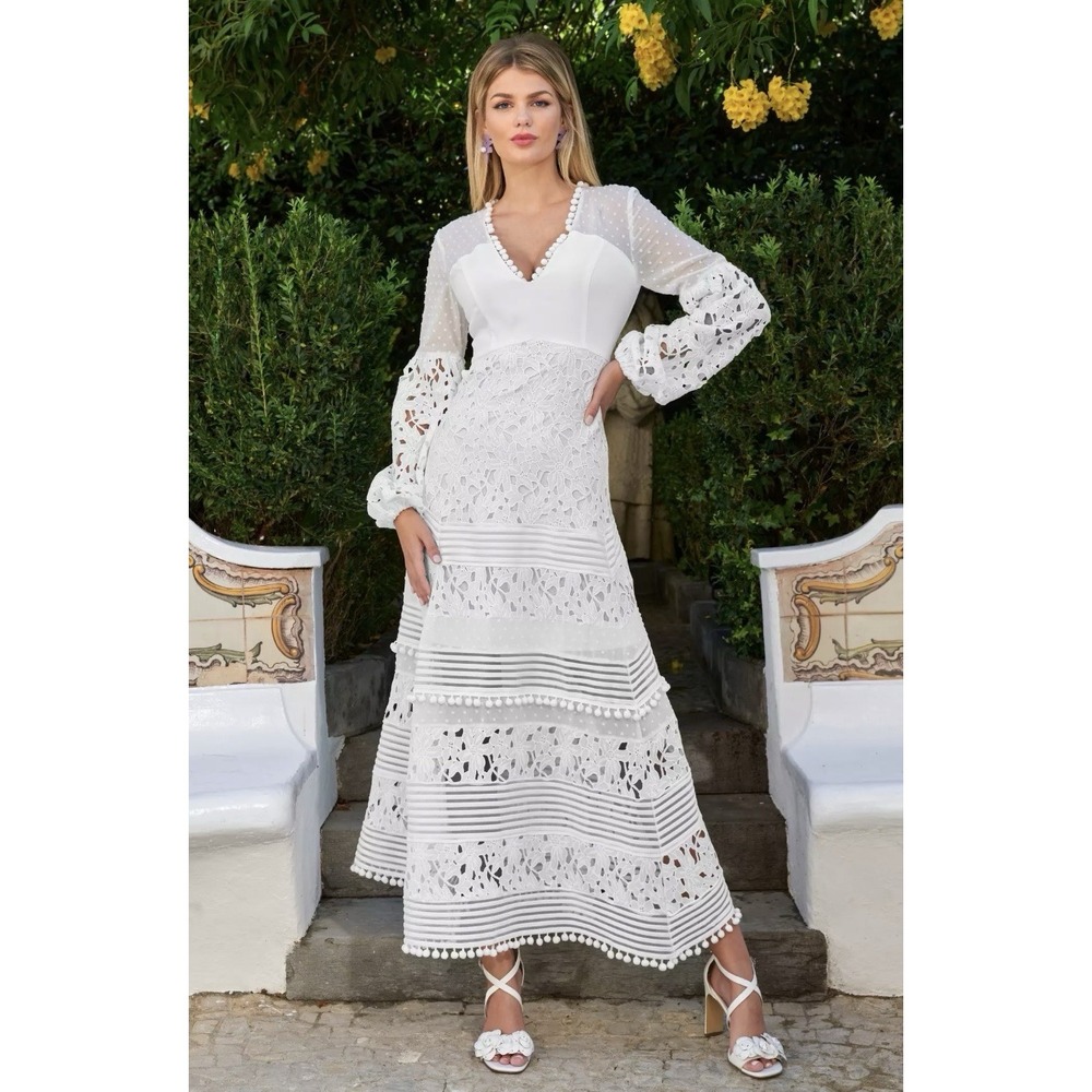 Boston Proper White Lace Eyelet Pom Midi Dress Sz L NWT